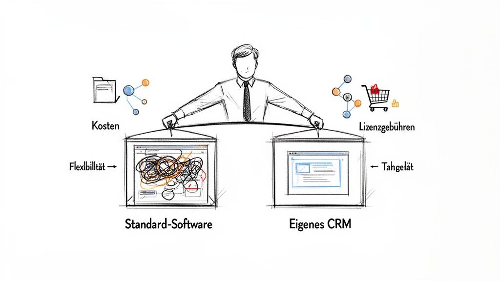 Mann vergleicht Standard-Software (unflexibel, Kosten) mit eigenem CRM (strukturiert, Lizenzgebühren).