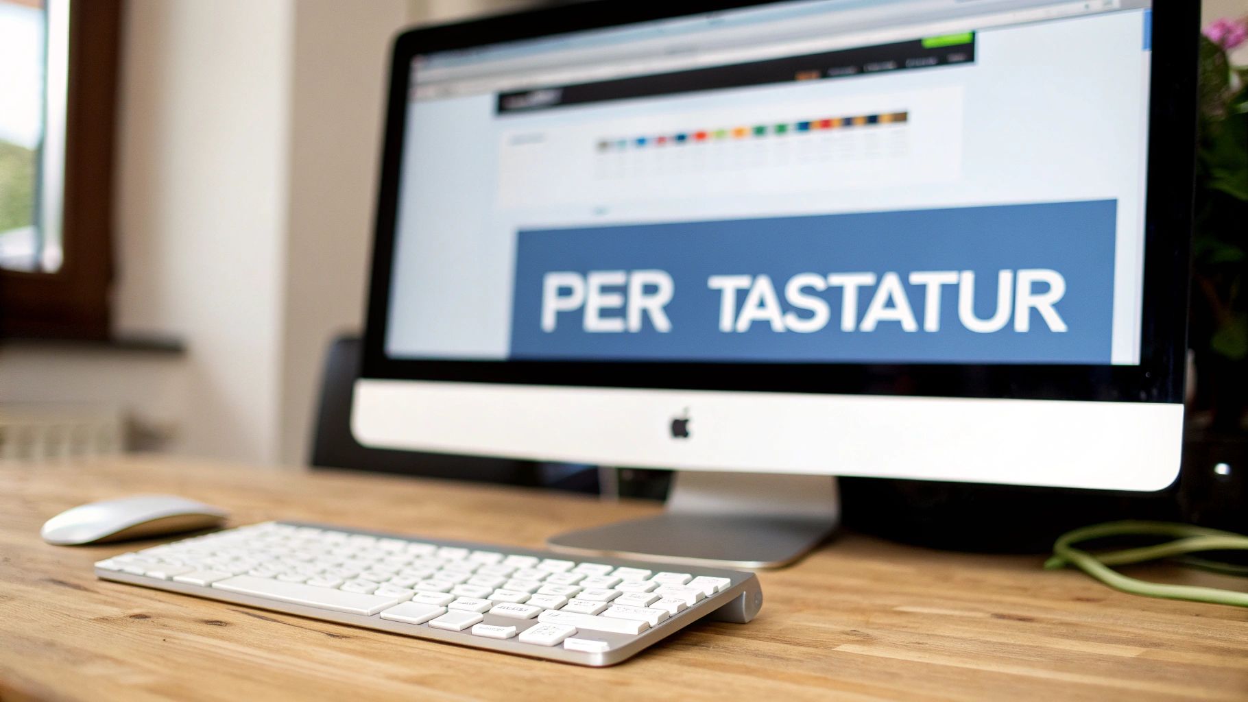 Ein iMac-Computer mit Tastatur und Maus auf einem Holztisch, zeigt den Text 'PER TASTATUR'.