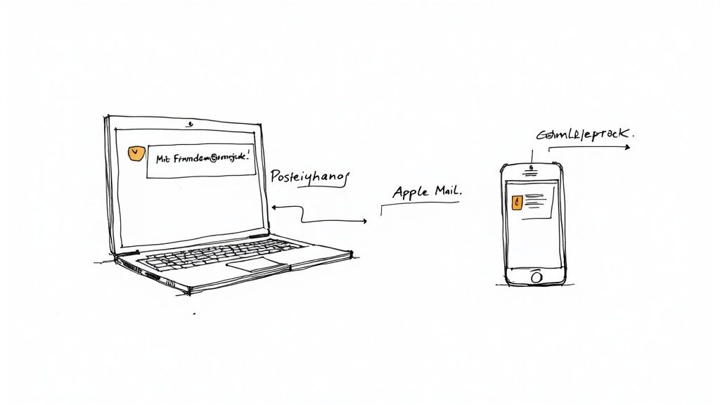 Diagramm, das den E-Mail-Fluss zwischen einem Laptop und einem Smartphone über Apple Mail darstellt, mit beispielhaften E-Mail-Adressen.