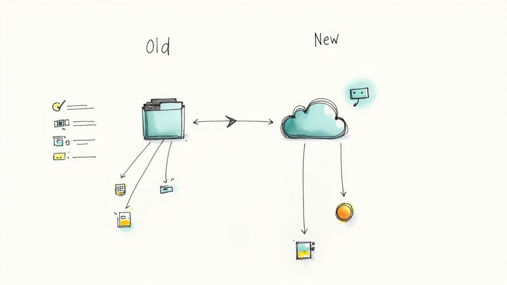 Infografik: Migration von altem lokalen System zu neuer Cloud-Infrastruktur mit verschiedenen Datentypen.