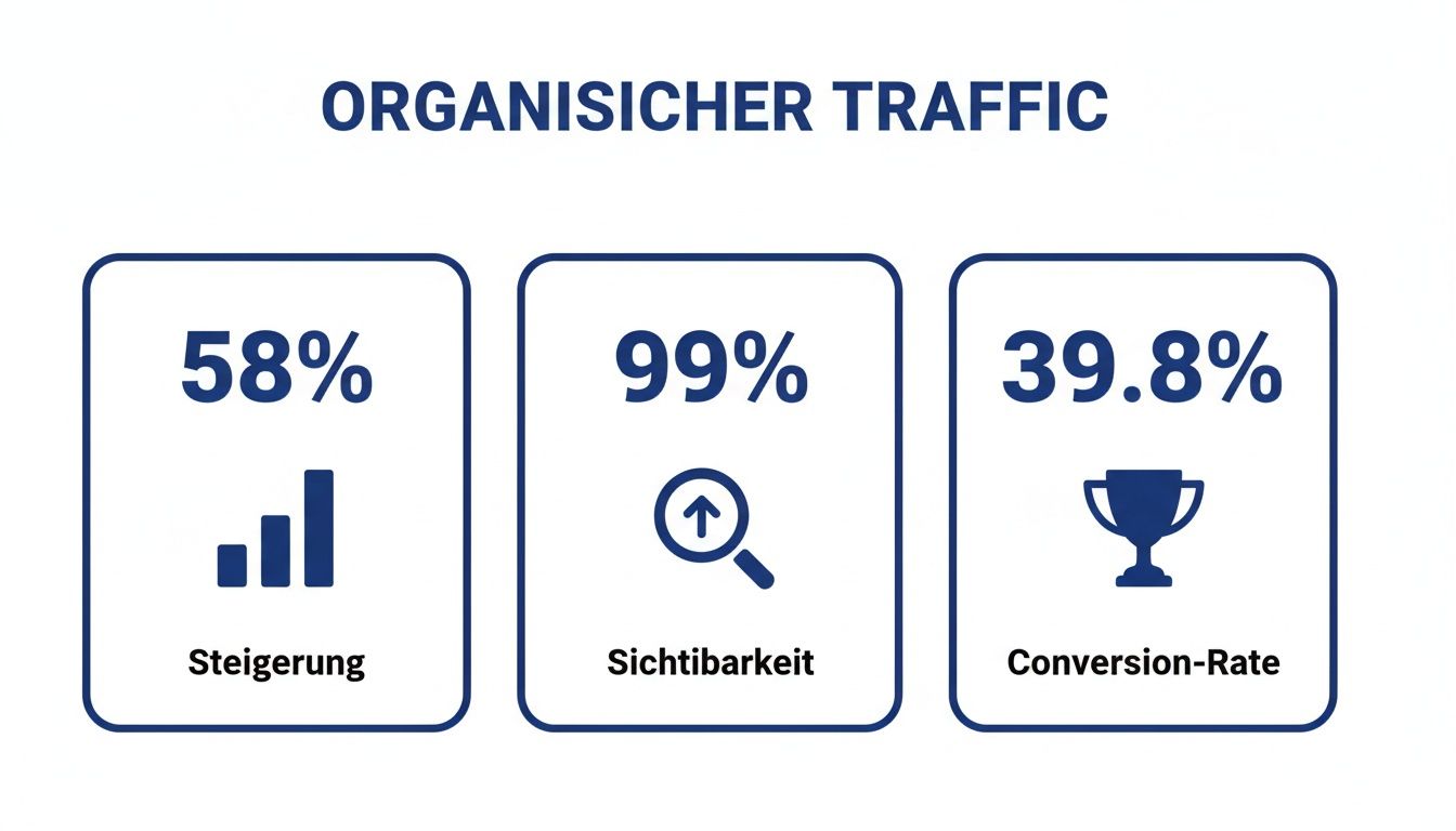 Infografik zeigt Erfolgsstatistiken für organischen Traffic: 58% Steigerung, 99% Sichtbarkeit und 39,8% Conversion-Rate.