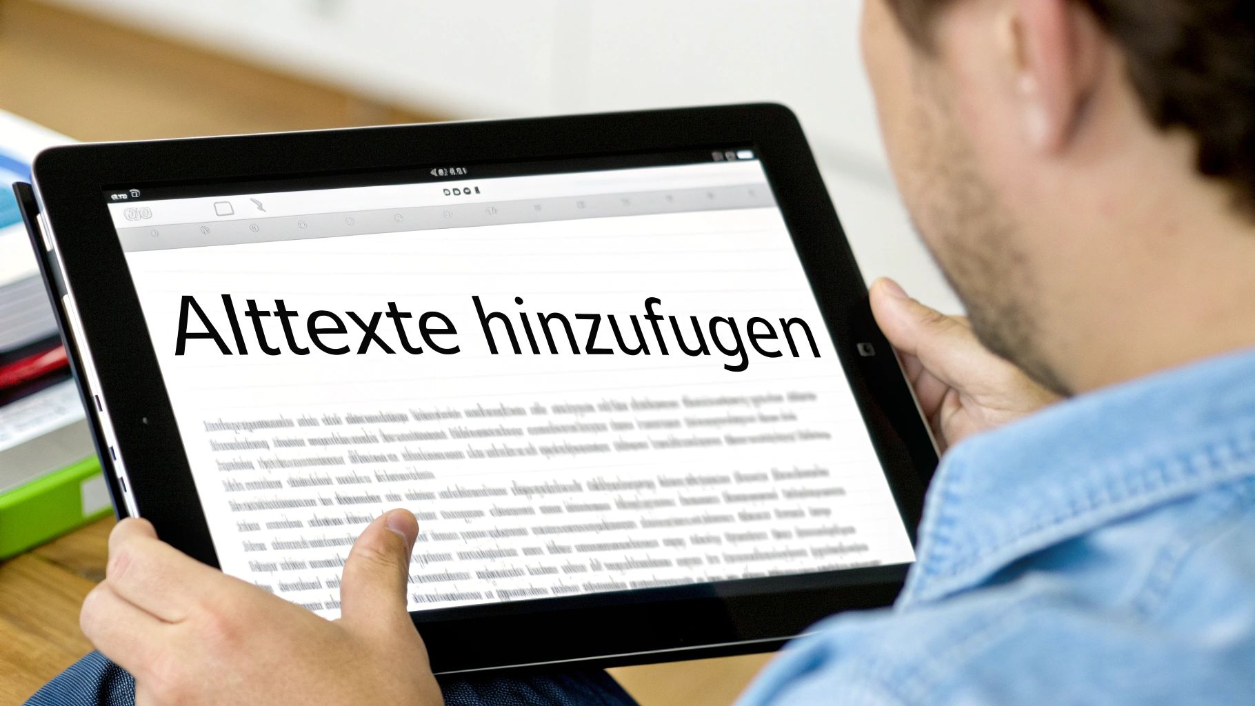Eine Person bearbeitet auf einem Tablet eine Webseite zum Thema "Alttexte hinzufügen" für bessere Barrierefreiheit.