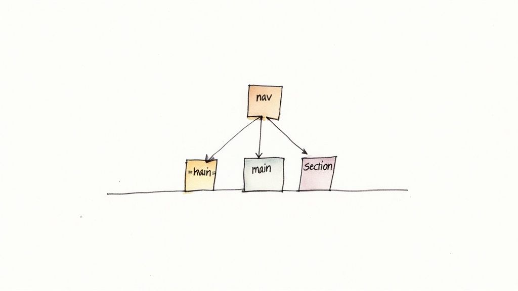 Ein Diagramm zur Struktur von Webseiten-Elementen: 'nav' leitet zu '=hain=', 'main' und 'section'.
