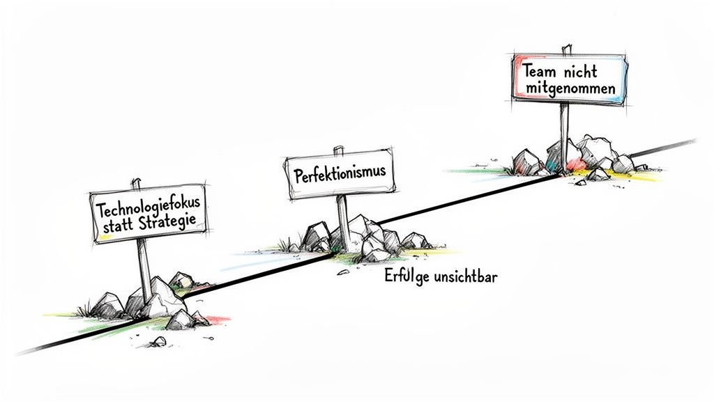 Illustration von drei Hindernissen auf einem Weg: Technologiefokus statt Strategie, Perfektionismus und ein nicht eingebundenes Team. Erfolge bleiben unsichtbar.