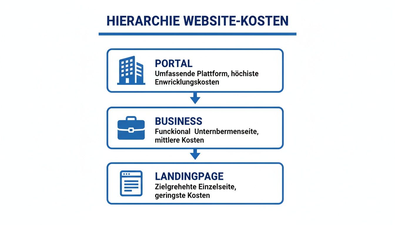 Diagramm zeigt die Hierarchie der Website-Kosten: Portal, Business, Landingpage mit abnehmenden Kosten.