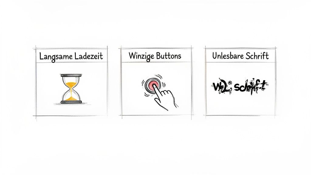 Illustration von drei häufigen Problemen bei Webseiten: langsame Ladezeit, winzige Buttons und unlesbare Schrift.