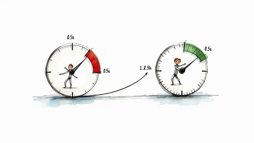 Zwei Messuhren zeigen Website-Performance-Optimierung: von roter Warnung zu grüner Effizienz, mit 0,5 Sekunden Ladezeit.