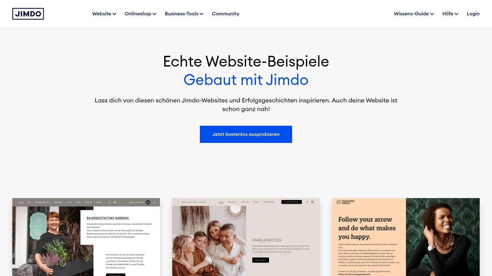 Ein Screenshot der Jimdo-Webseite, der verschiedene Beispiel-Webseiten von Kunden in einer sauberen Rasteransicht zeigt.