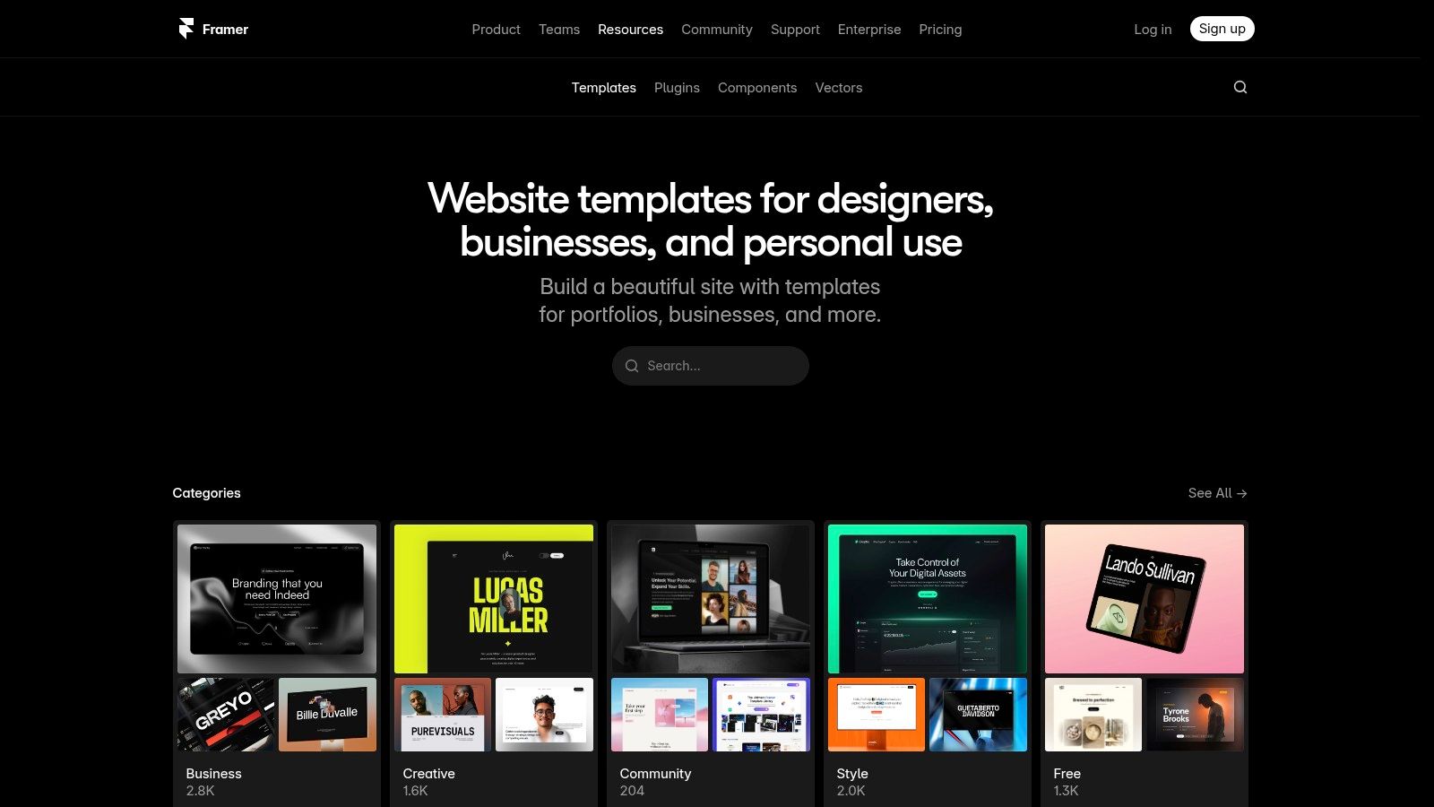Eine Übersicht der Template-Galerie von Framer, die verschiedene moderne und minimalistische Webseiten-Designs für Portfolios und Landingpages zeigt.