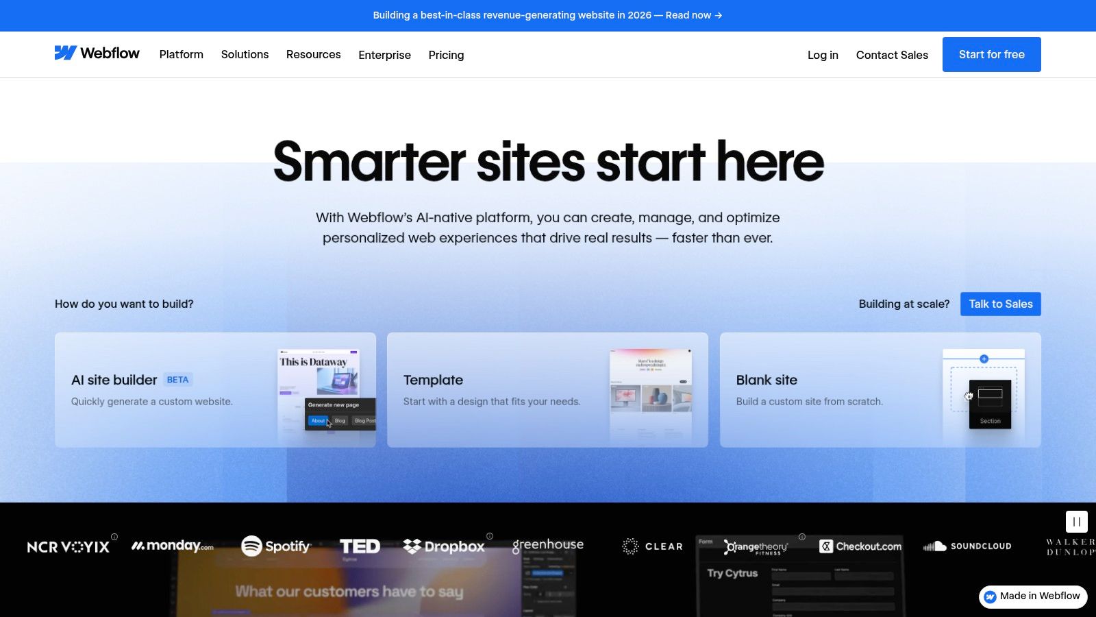 Ein Screenshot der Webflow-Webseite, der den visuellen Editor und eine moderne, dynamische Webseite im Aufbau zeigt.