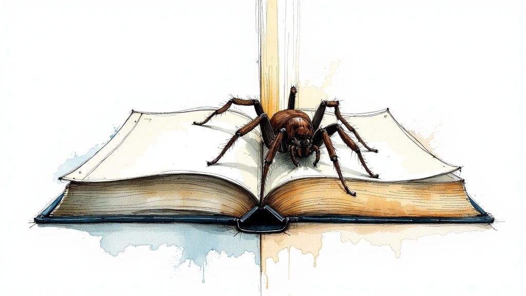 An illustration of a robot studying a giant library of books, symbolizing AI training data.