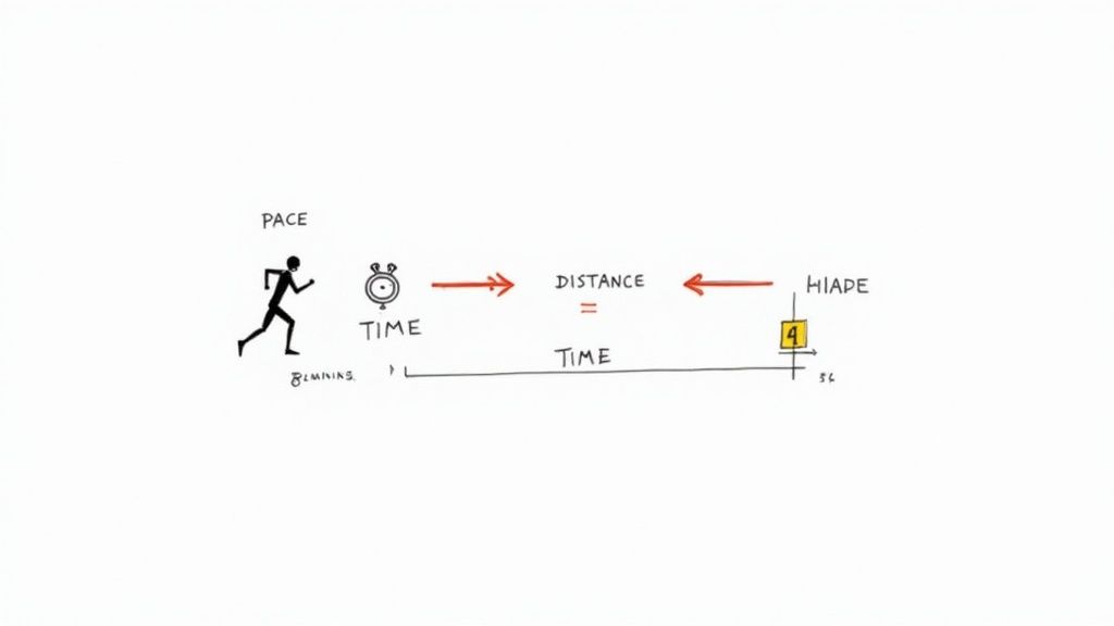 Hand-drawn diagram illustrating the relationship between running pace, time, and distance.