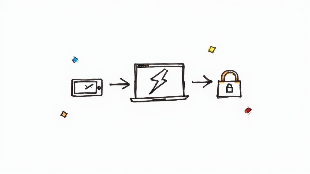 A simplified graphic showing a website with checkmarks for speed, mobile-friendliness, and security.