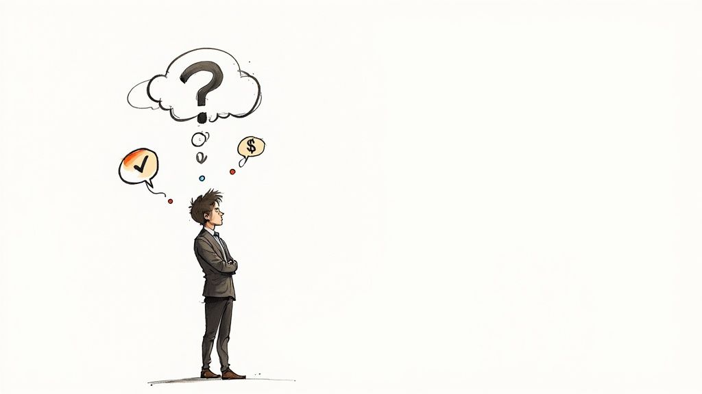 Cartoon businessman thinking, with a question mark, checkmark, and dollar sign in thought bubbles.