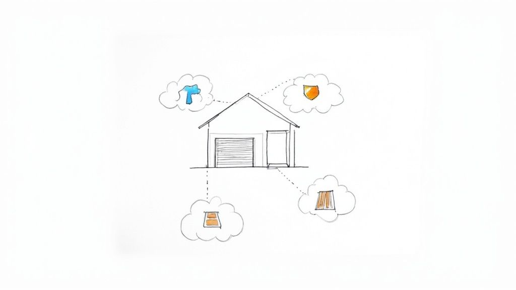 A line drawing of a house connected to four clouds representing smart home features like water, security, and windows.