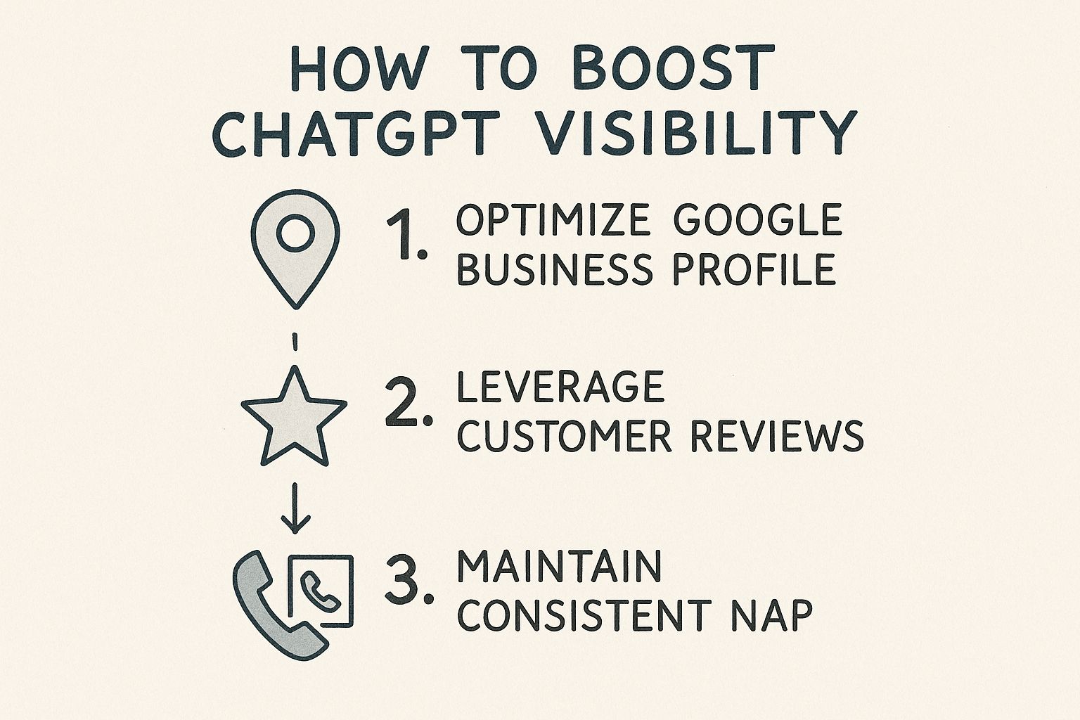 Infographic showing a process flow for boosting ChatGPT visibility with icons for Google Business Profile, Customer Reviews, and Consistent NAP.