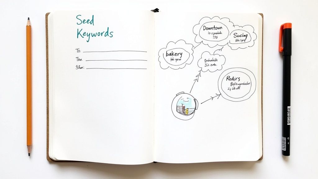 A person brainstorming local SEO keywords on a whiteboard, with sticky notes representing different cities and services.