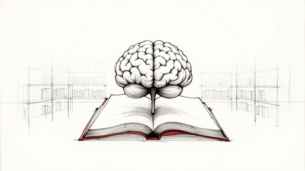 A person's head filled with glowing digital data, representing an AI's training data.