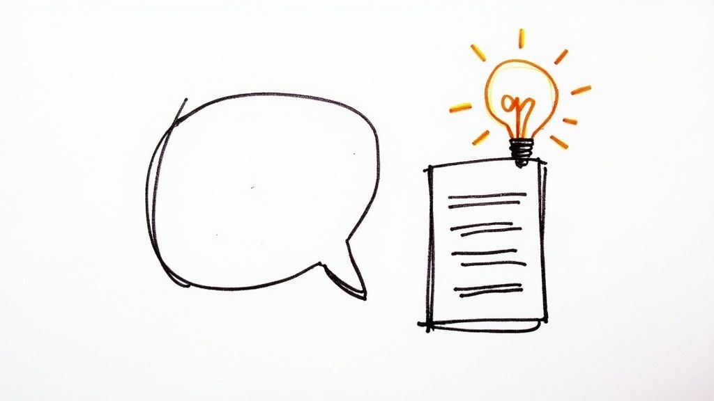 A person sitting at a desk with a laptop, looking at a screen displaying charts and graphs, with lightbulbs floating around their head.