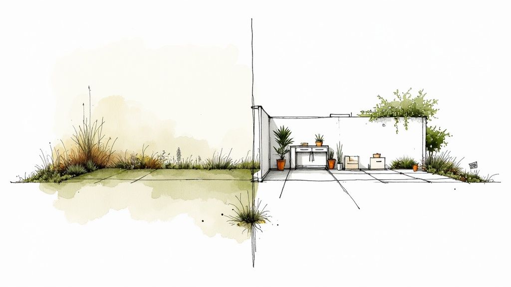 A beautiful, modern backyard with a pool, patio, and lush landscaping, showcasing a completed landscaping project.