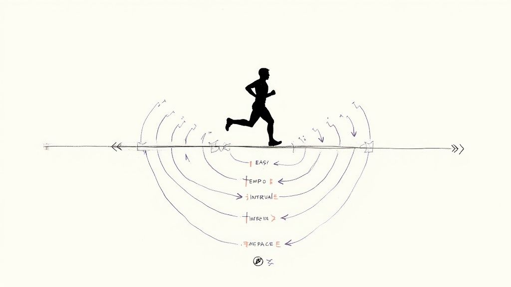 A diagram illustrating running pace levels with a runner silhouette, including easy, tempo, and interval zones.