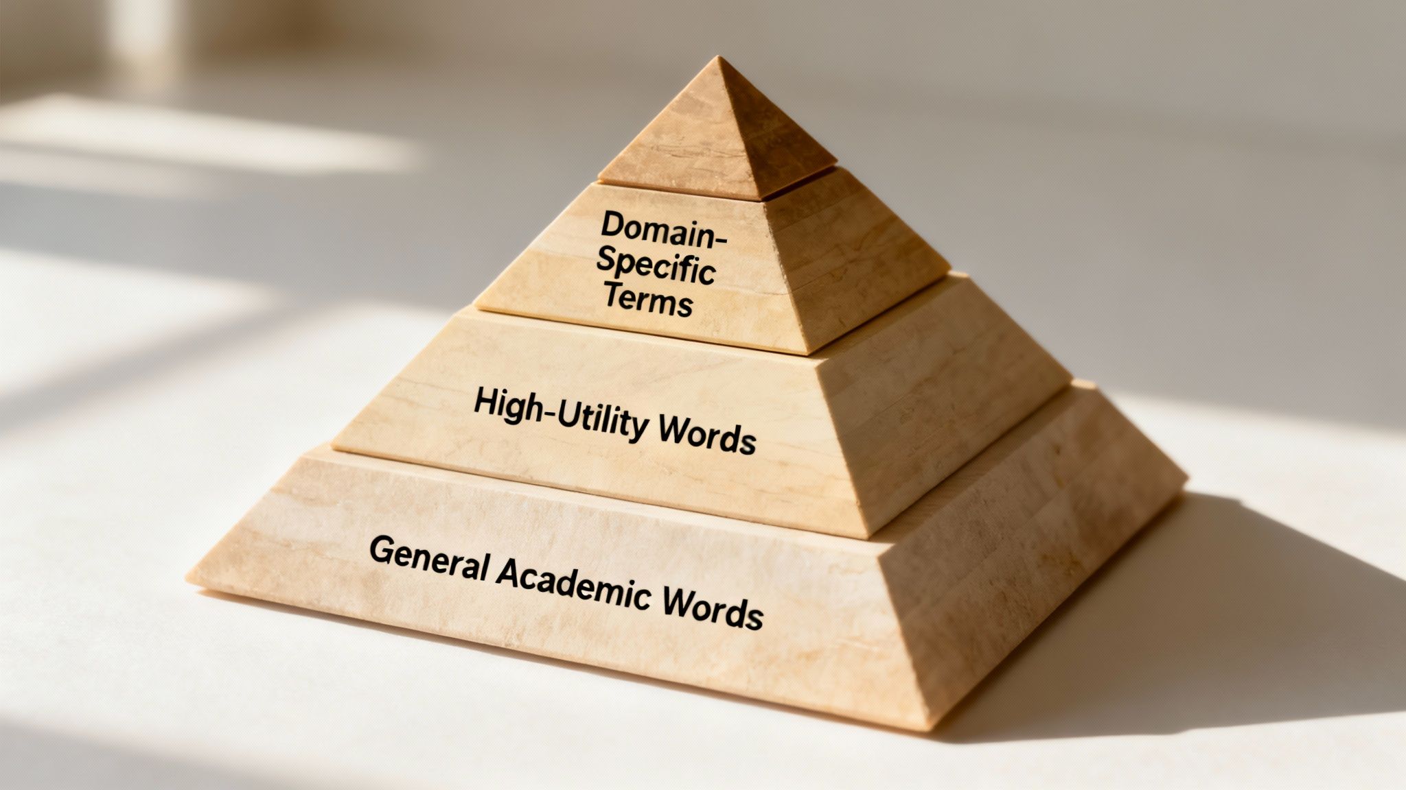 A pyramid graphic showing the three tiers of vocabulary, with Tier 1 at the broad base and Tier 3 at the narrow top.