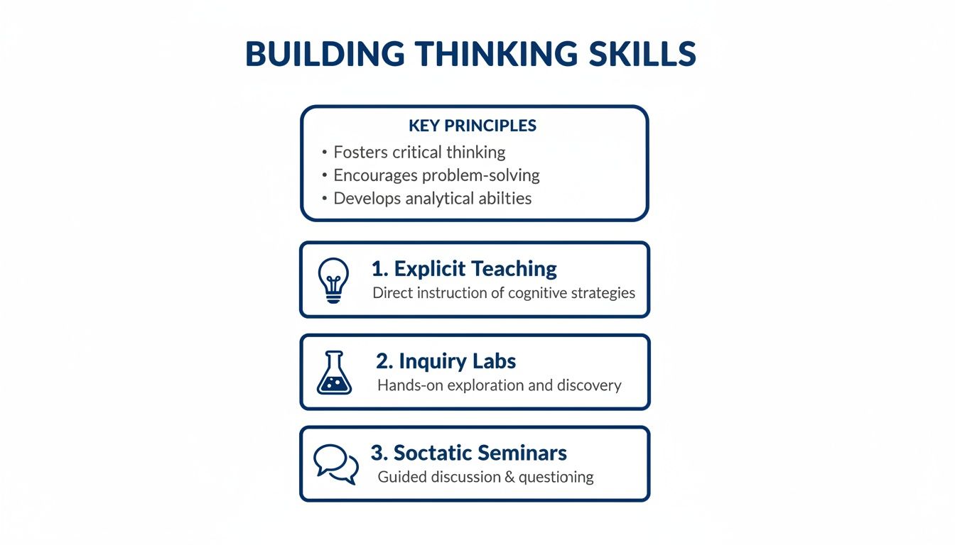 Diagram illustrating key principles and methods for building thinking skills, like explicit teaching and Socratic seminars.
