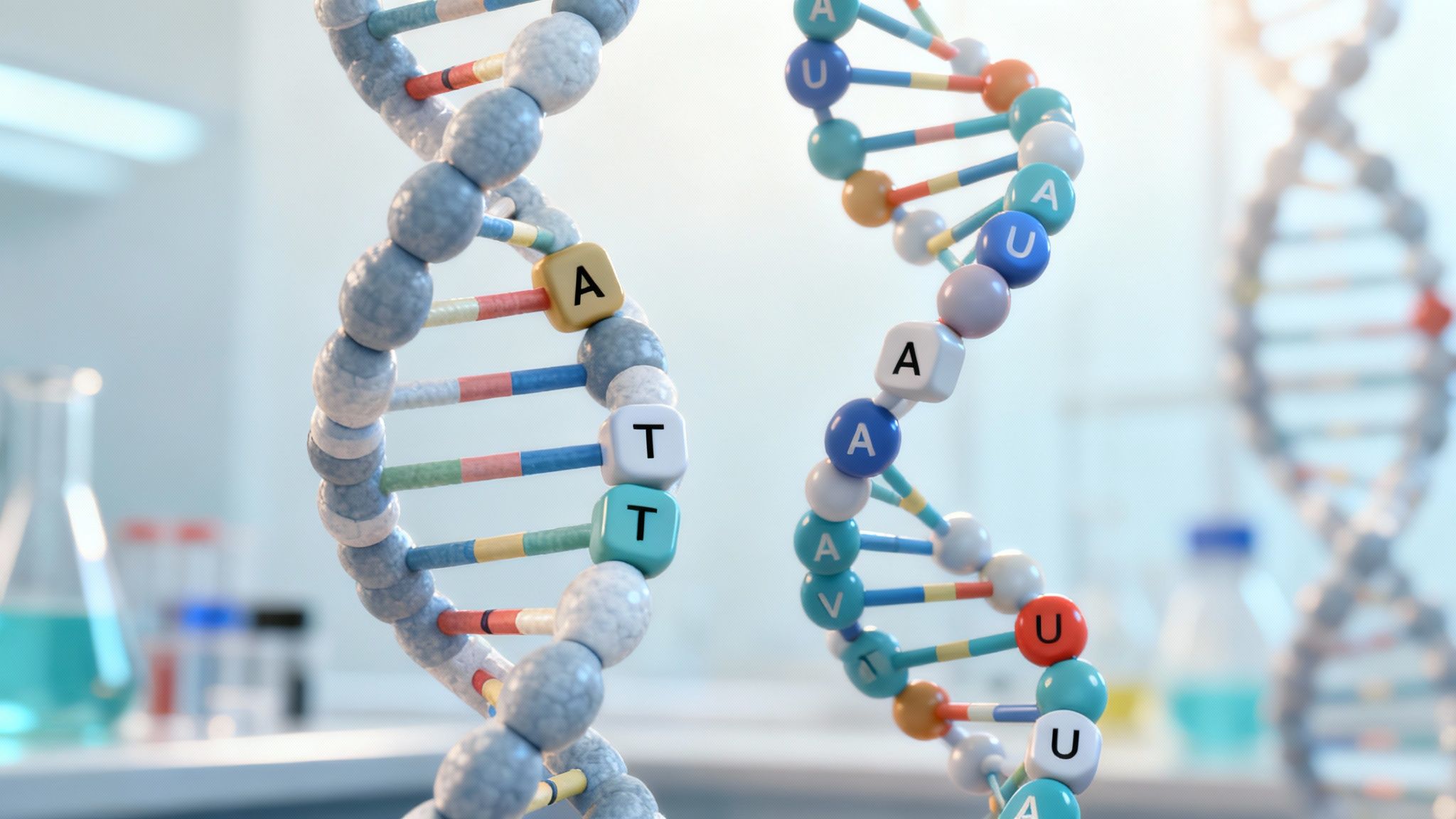 AP Biology : A detailed illustration comparing the molecular structures of DNA and RNA building blocks