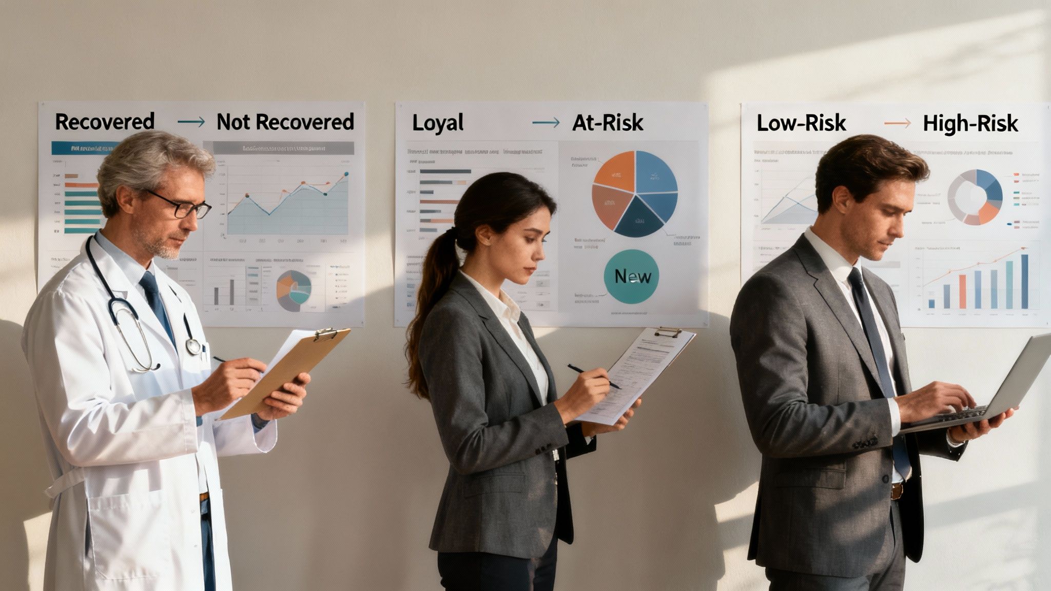 A modern office setting with professionals collaborating around a screen showing colorful charts and customer segments. Careers that AP Statistics exam helps you prepare for.