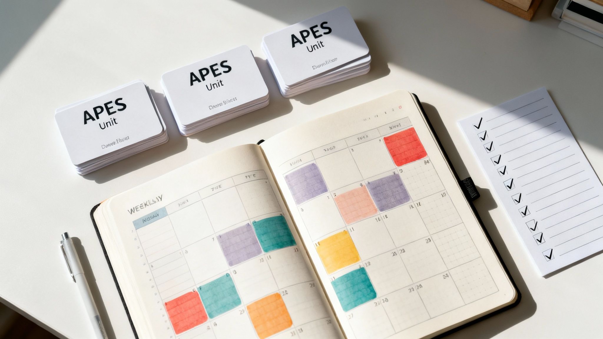A student's desk with a calendar, study materials, and a highlighted APES textbook.