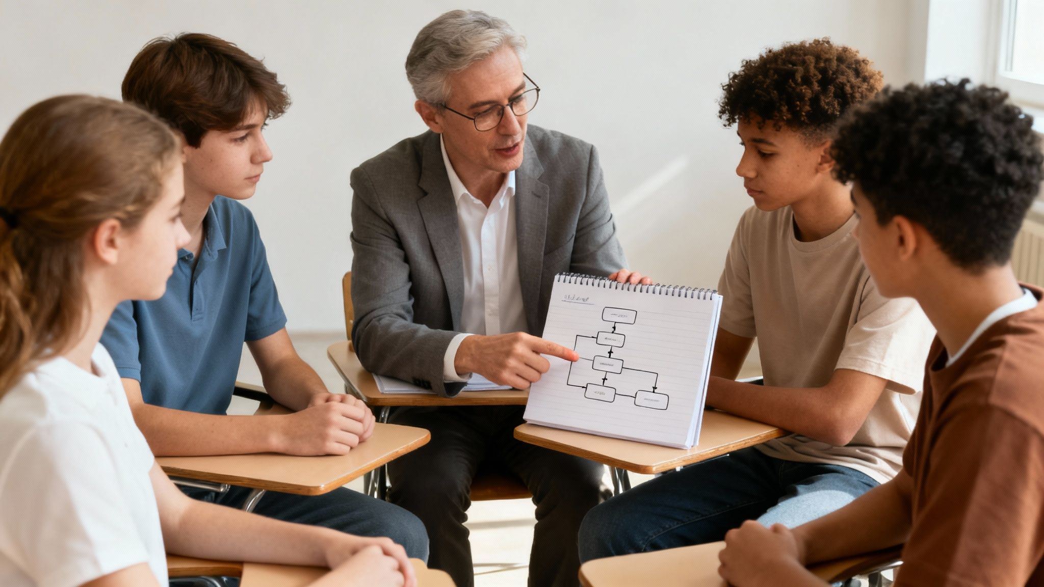 A male teacher teaching AP course explains a flowchart diagram to four diverse students in a classroom setting.