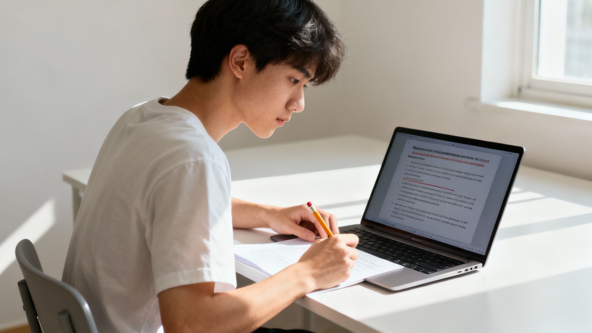 Students studying AP English materials at a library table.
