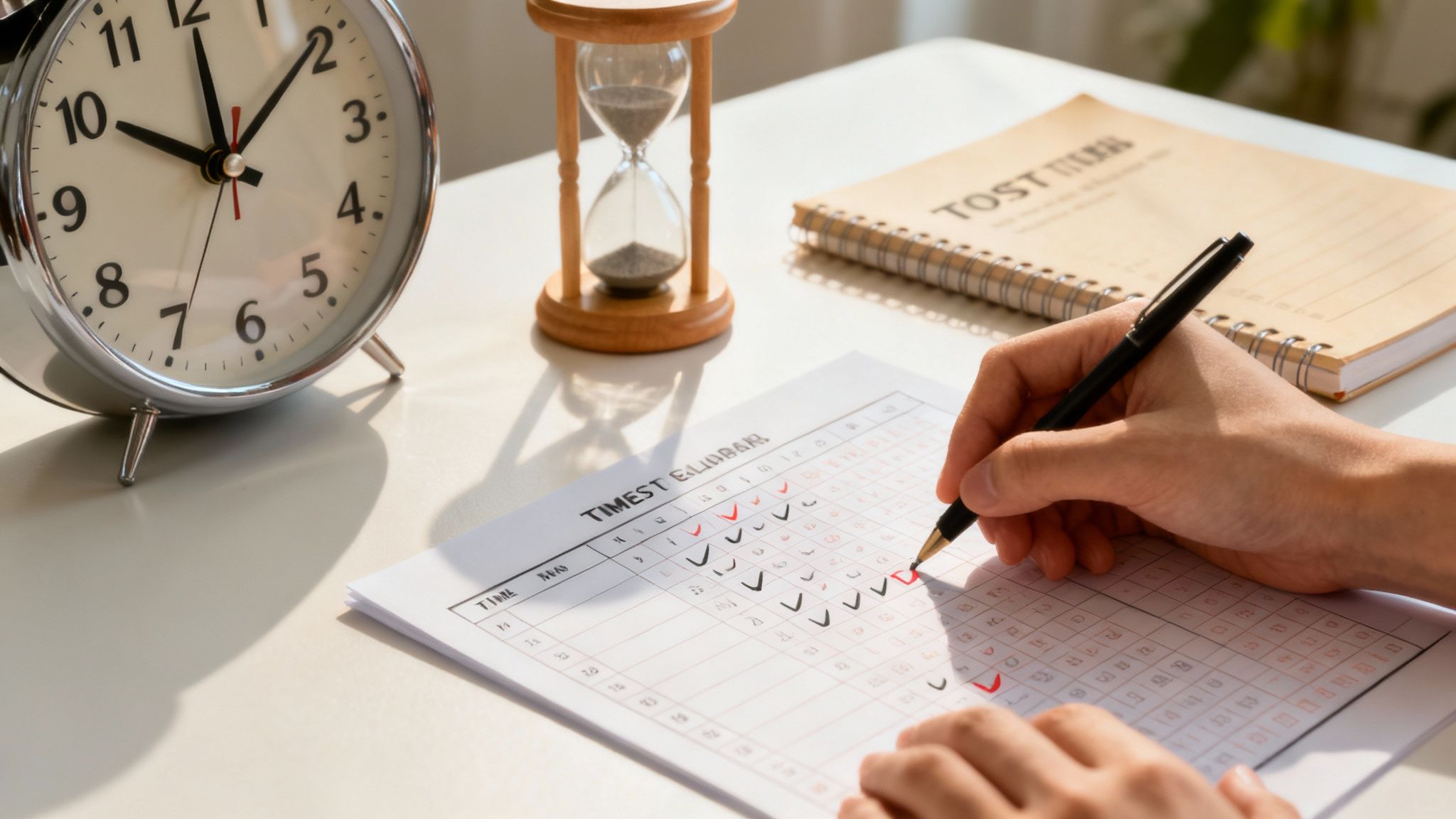 A student looking at a clock while studying for the AP English exam.