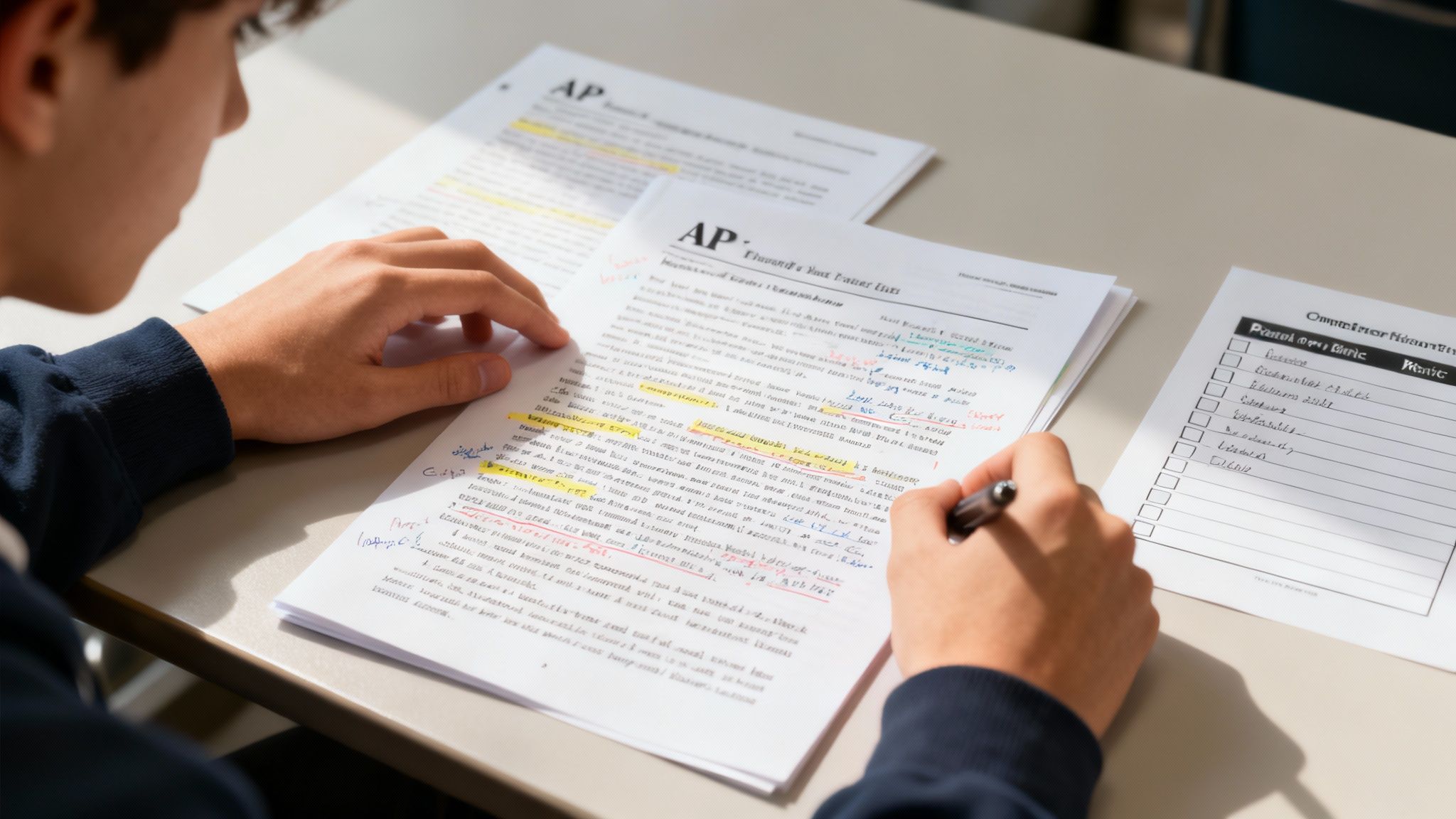 Close-up of a student's hands highlighting notes on an AP document to master critical thinking skills.