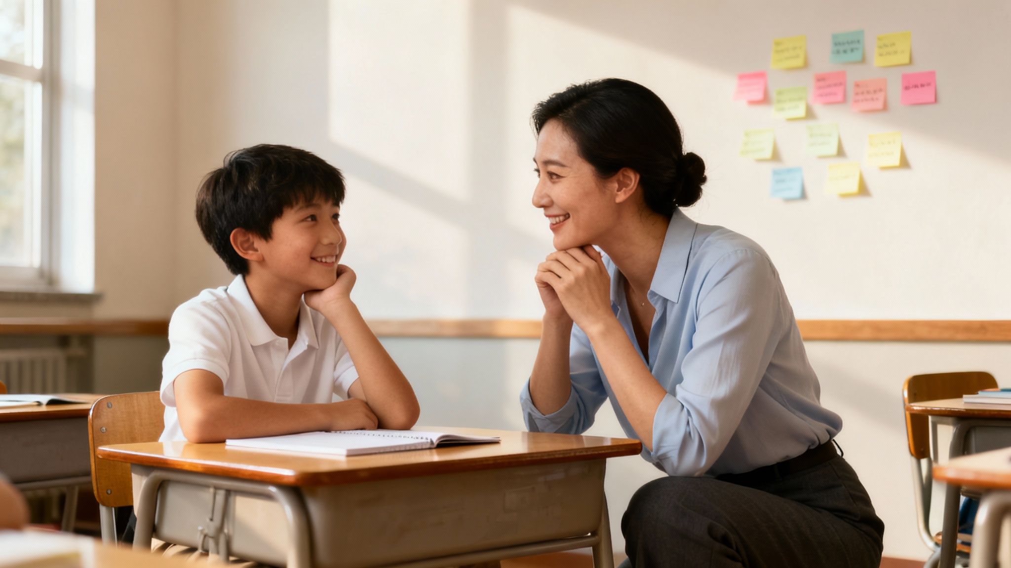 A smiling female teacher sits across from a happy male student in a bright classroom.