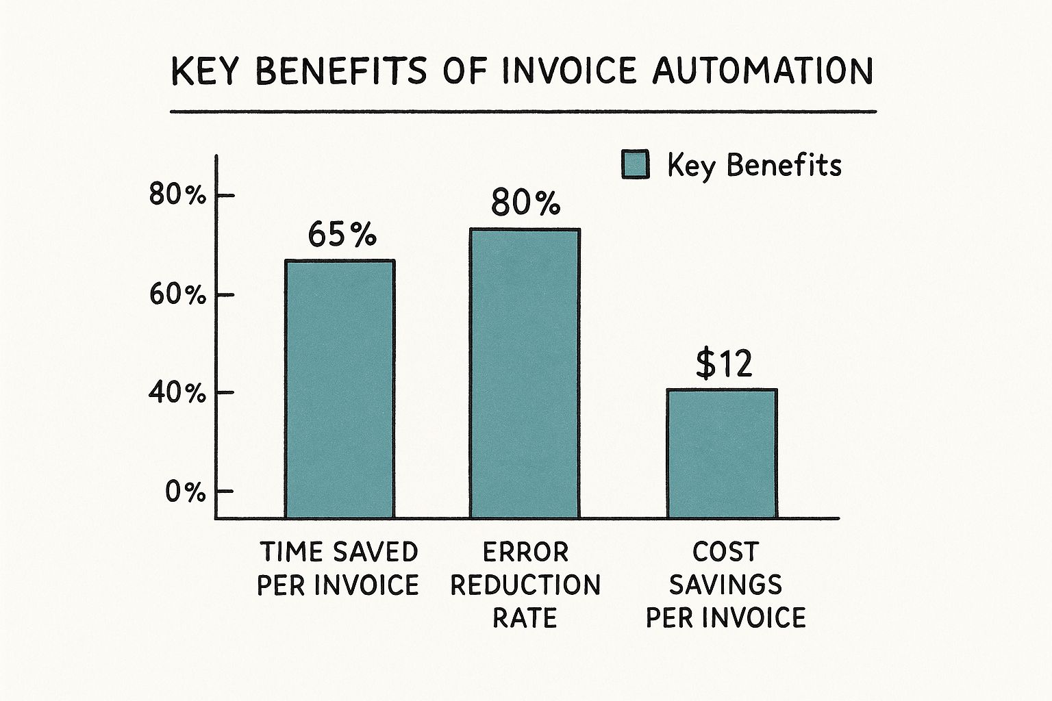 A bar chart showing the key benefits of invoice automation: 65% time saved per invoice, 80% error reduction, and $12 cost savings per invoice.