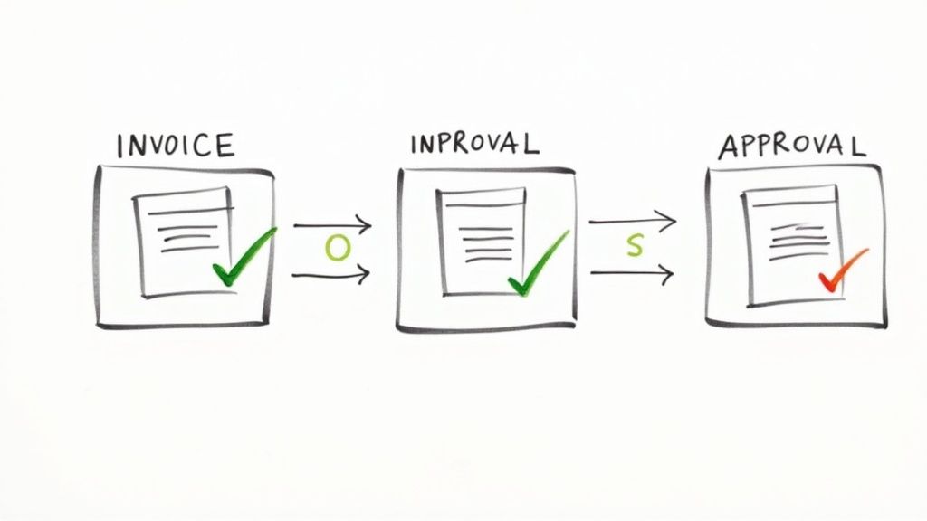 Diagram showing how an invoice is routed to different approvers based on rules like invoice amount or department.