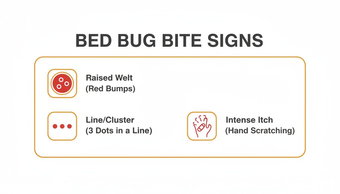 Visual guide to bed bug bite signs: red bumps, lines of dots, and intense itching.