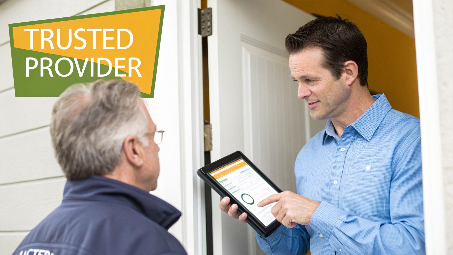 A service provider in a blue shirt shows a tablet to an older customer, labeled "Trusted Provider."
