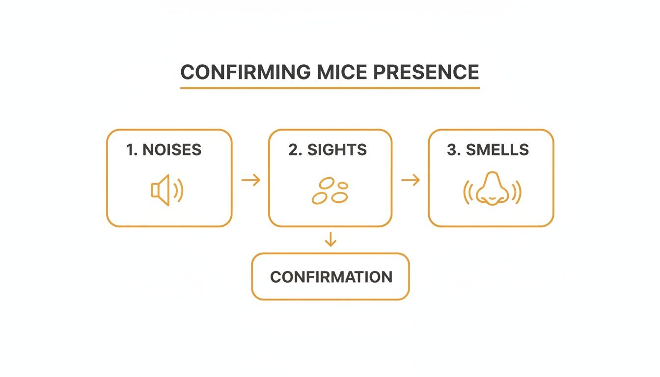 Flowchart illustrating how to confirm mice presence by observing noises, sights, and smells leading to confirmation.