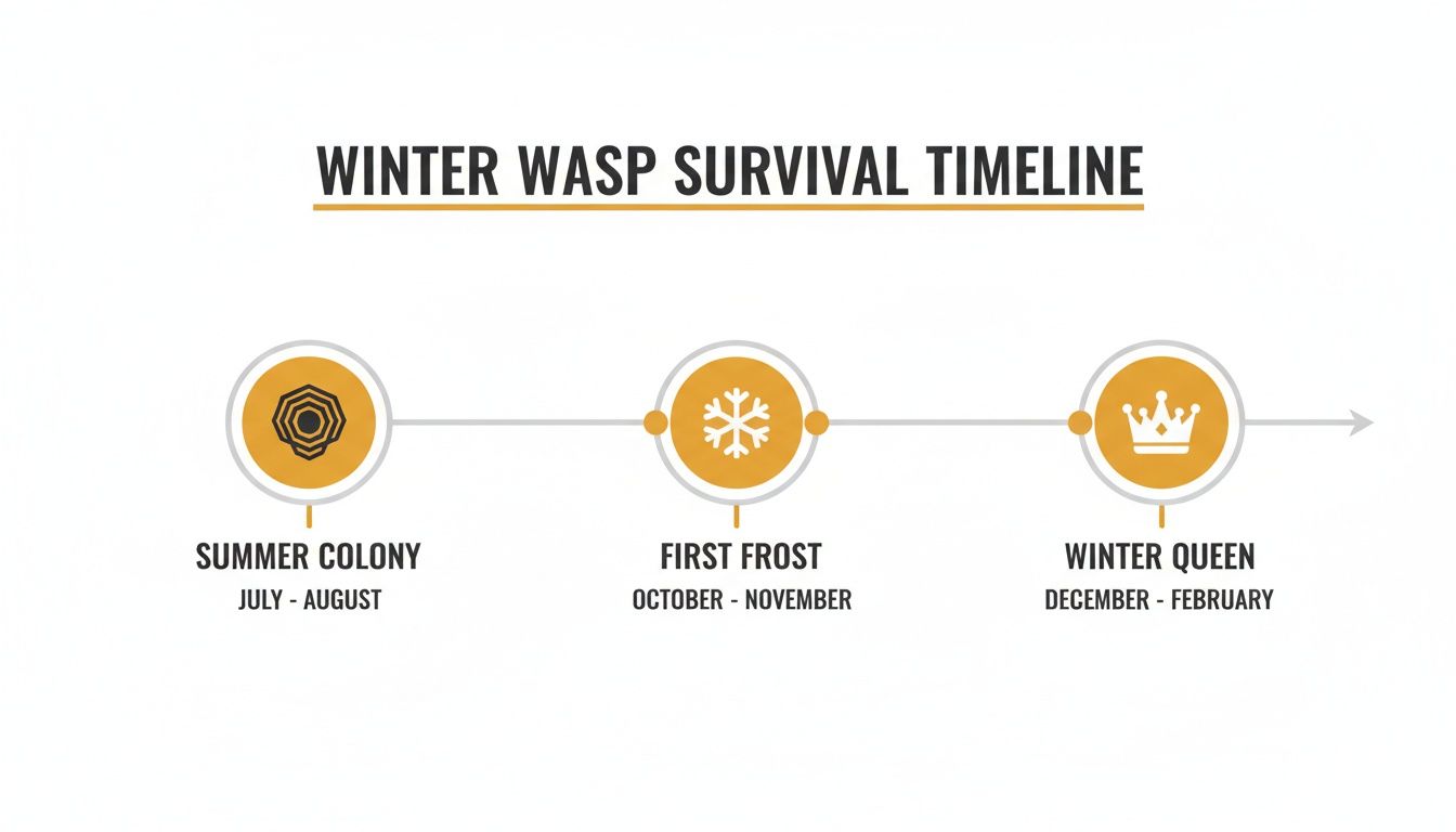 Timeline illustrating the winter survival of wasps, detailing stages from summer colony to the winter queen.