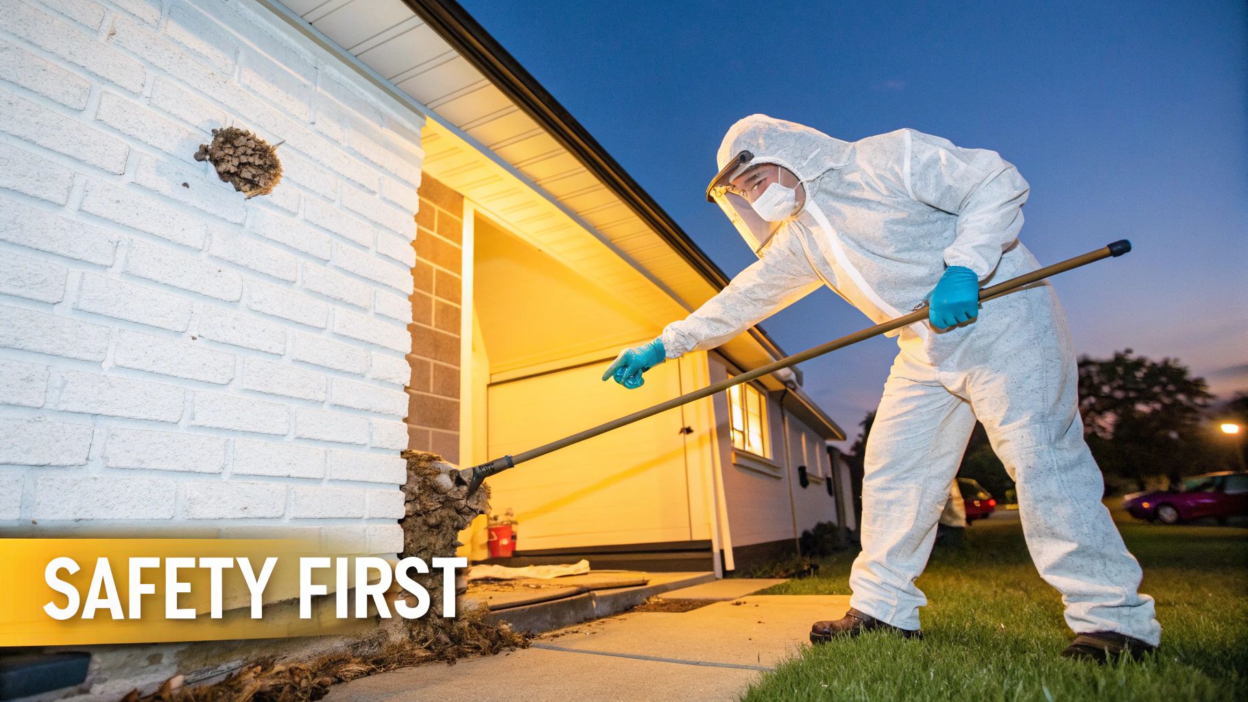 A pest control professional in a full protective suit removes a large hornet's nest from a white brick house.