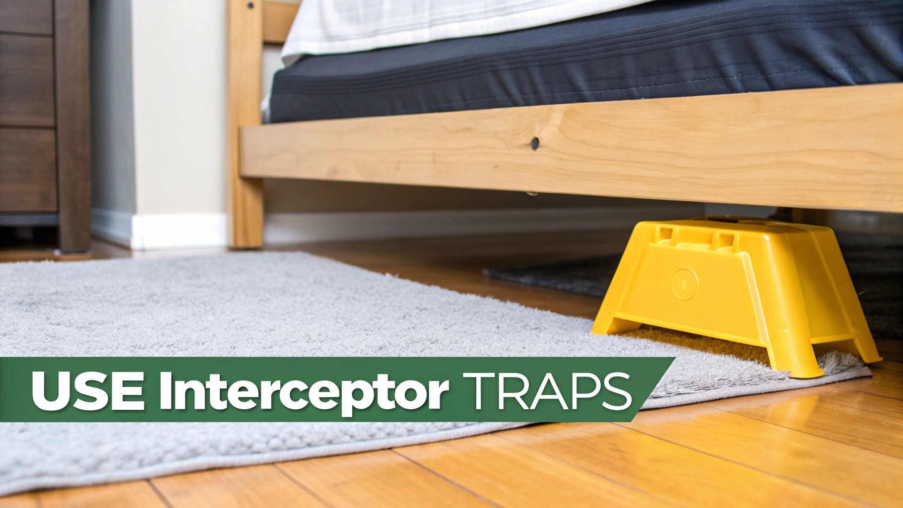 A yellow bed bug interceptor trap is strategically placed under a wooden bed frame on a rug.