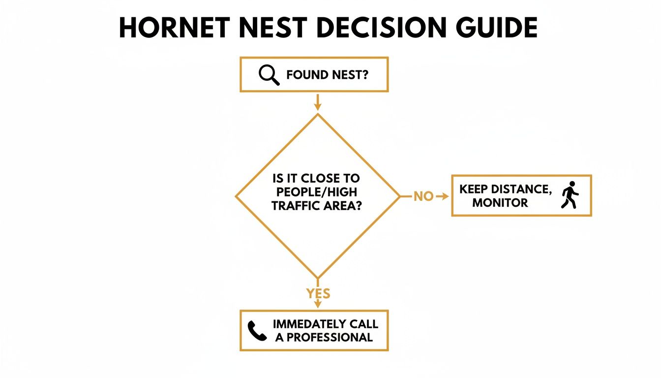 A flowchart titled 'Hornet Nest Decision Guide' outlining steps for dealing with a hornet nest.