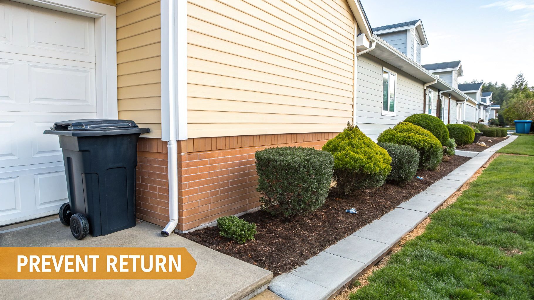 A black trash can by a garage, a neatly landscaped garden bed with shrubs, and a row of suburban homes.