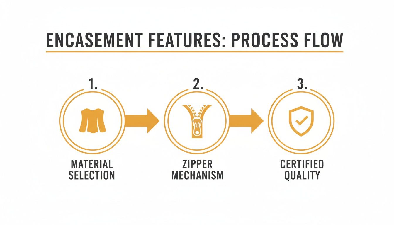 Process flow diagram illustrating material selection, zipper mechanism, and certified quality for encasement features.