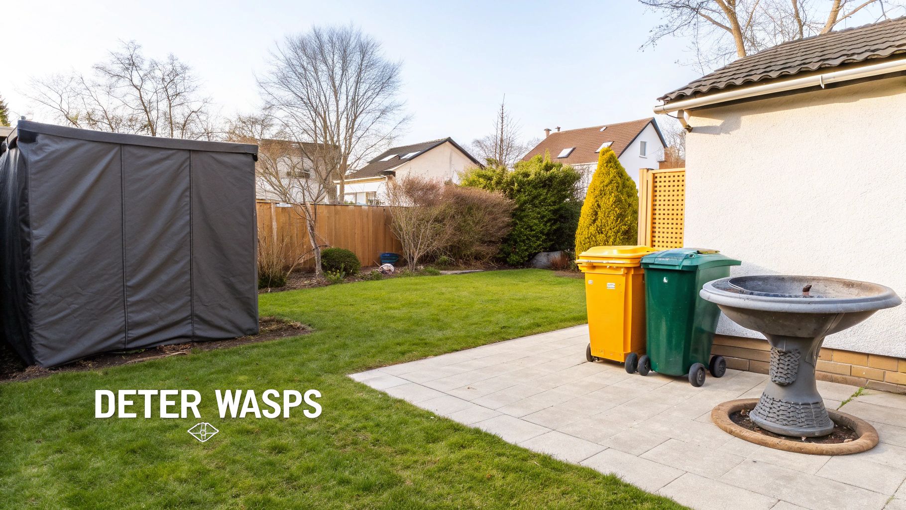 A residential backyard scene with a grey shed, green lawn, patio, colorful bins, and a birdbath.