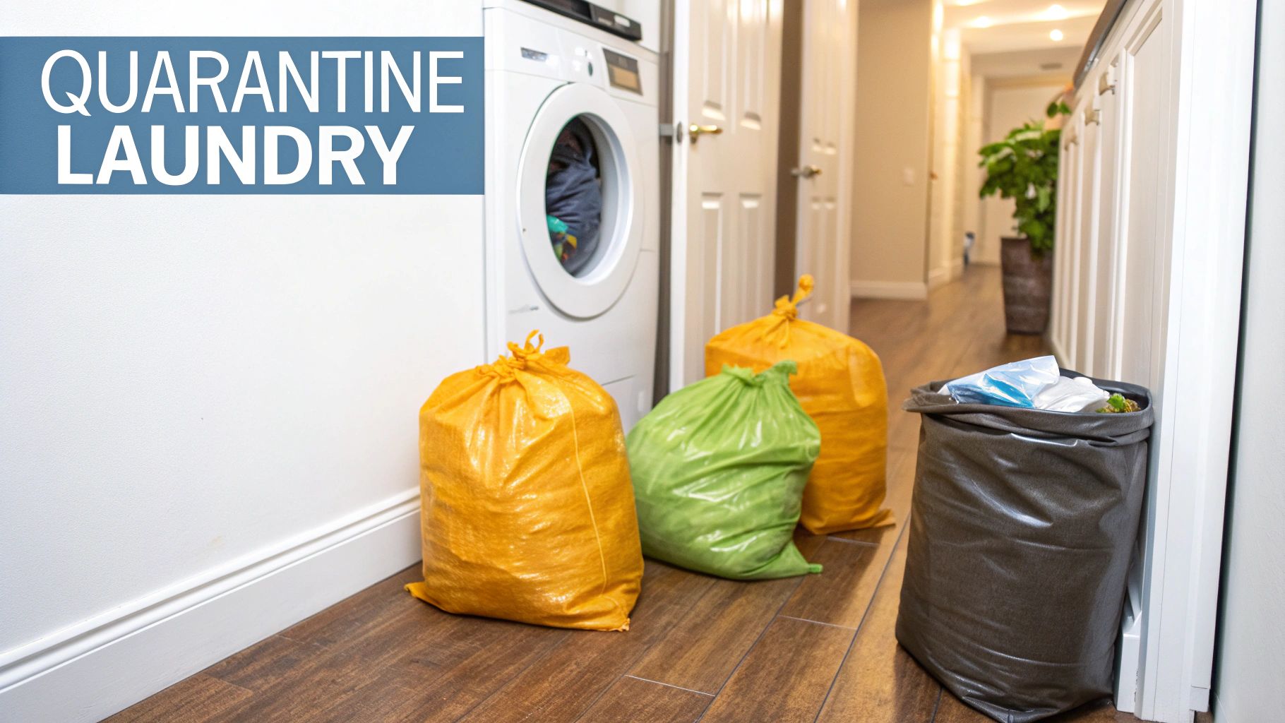 Several yellow, green, and grey laundry bags sit by a washing machine with "Quarantine Laundry" text.