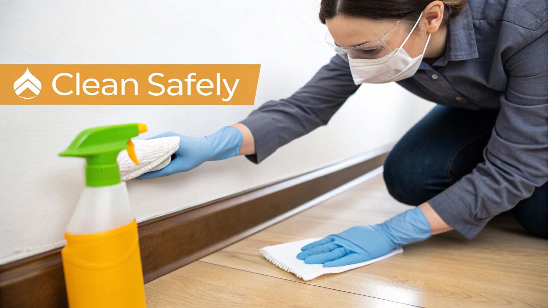 A person wearing a mask, safety glasses, and blue gloves cleans a baseboard and floor, demonstrating safe cleaning.