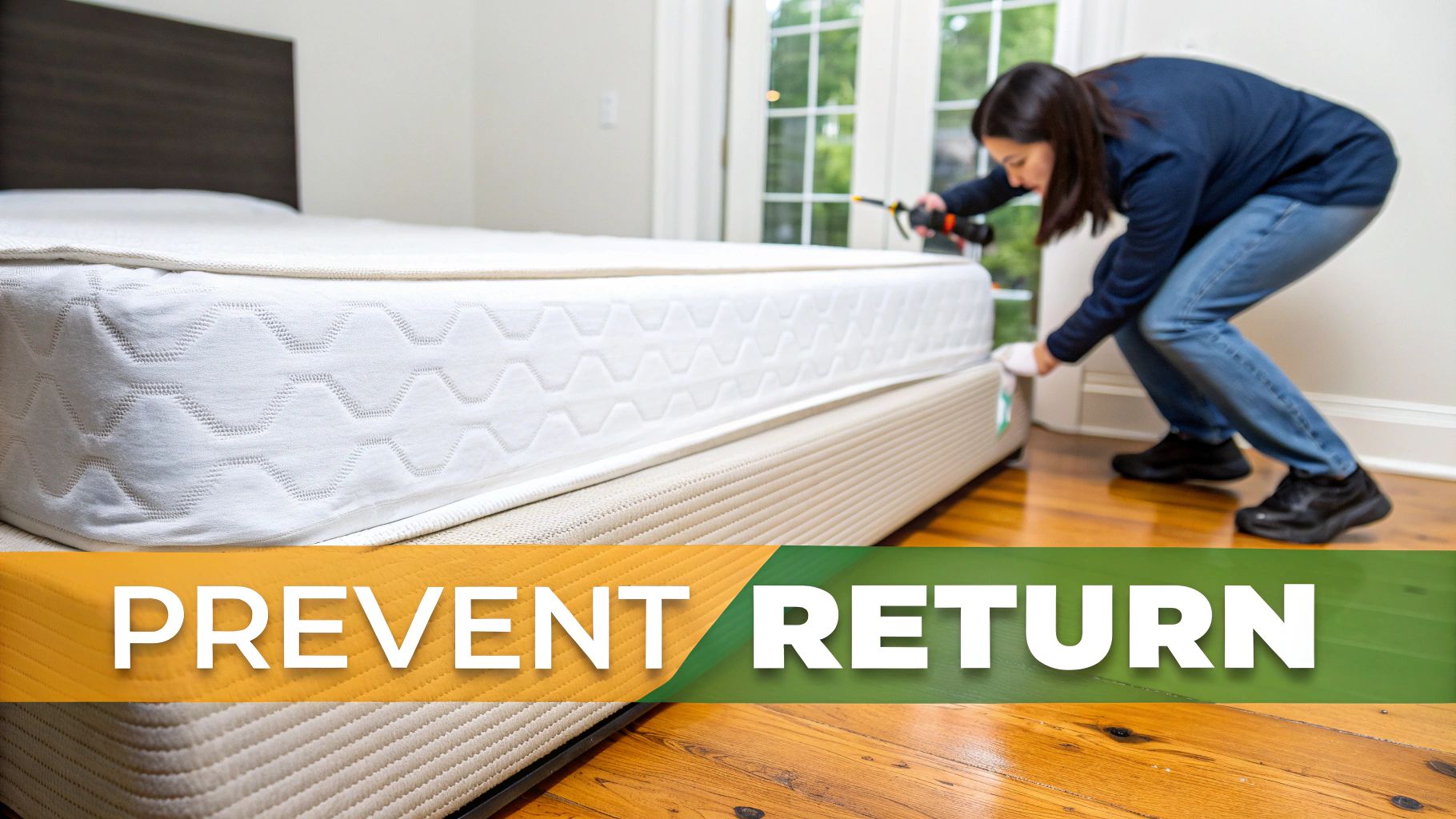 Pest control technician inspecting a white mattress and beige box spring for bed bugs.